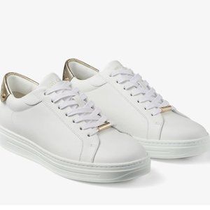 Jimmy Choo Rome/F White Calf Leather and Champagne Metallic Trainers